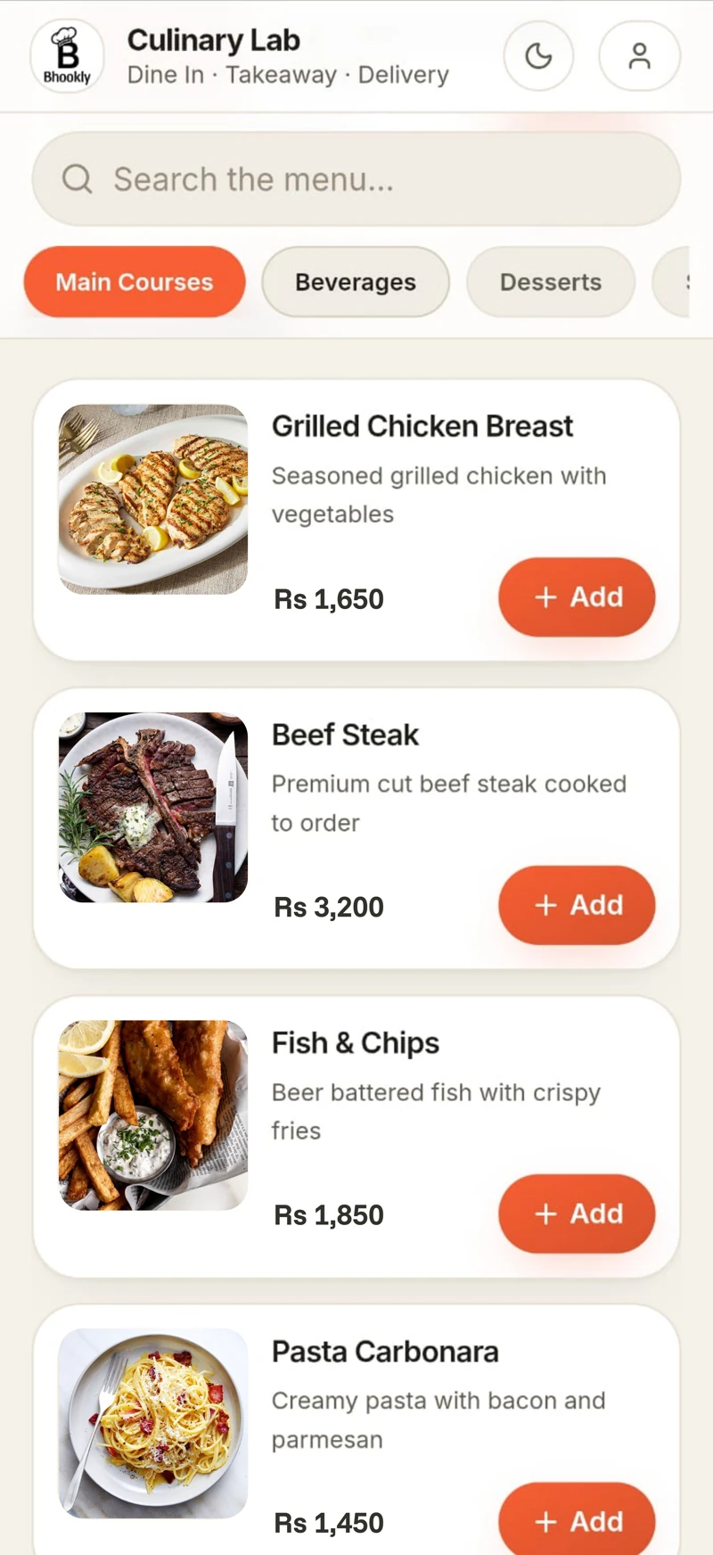 A restaurant's own branded ordering app, showing the menu with dish photography, descriptions and prices, and an Add button on every item
