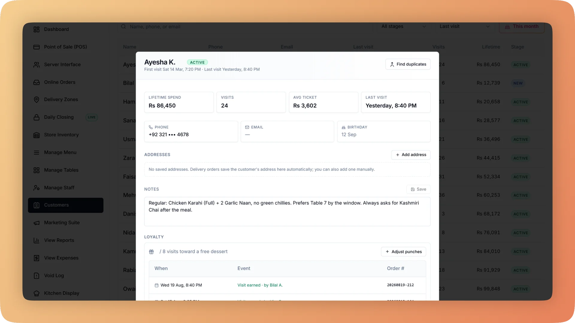 Customer profile showing lifetime spend, visit count, average ticket, saved preferences and loyalty progress
